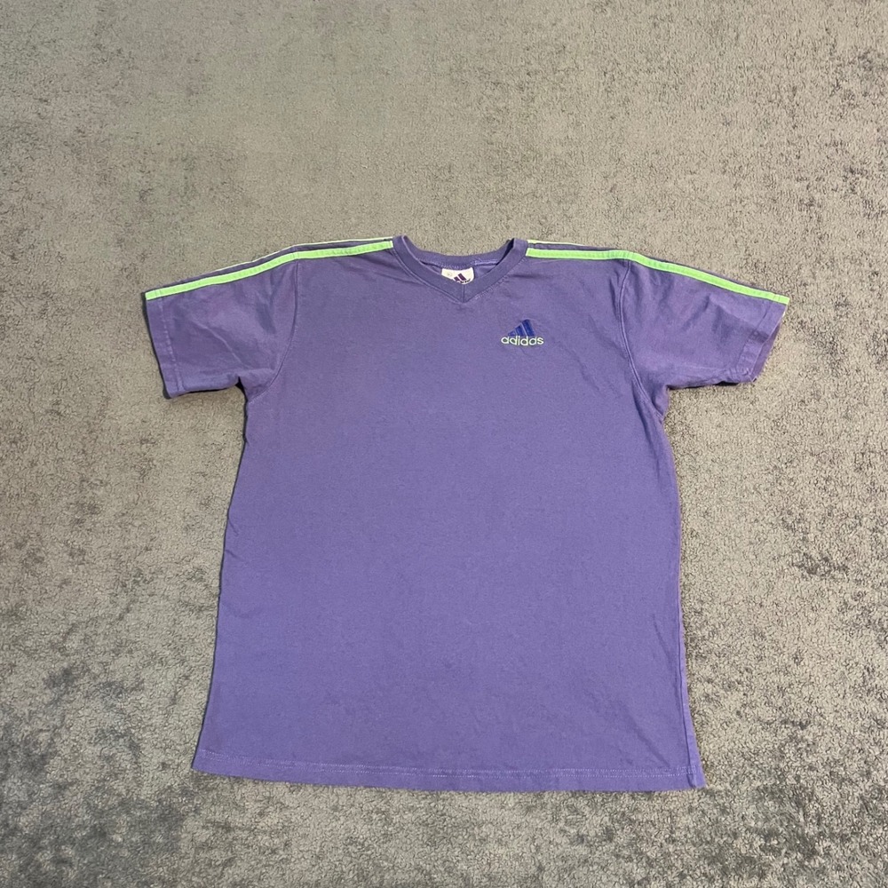 Vintage Adidas V-Neck T-Shirt Purple Lime Green Stripe Women's XL